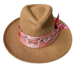 Women Knotted Horse Band Kentucky Derby Panama Fedora Straw Sun Hat Tan Pink NEW